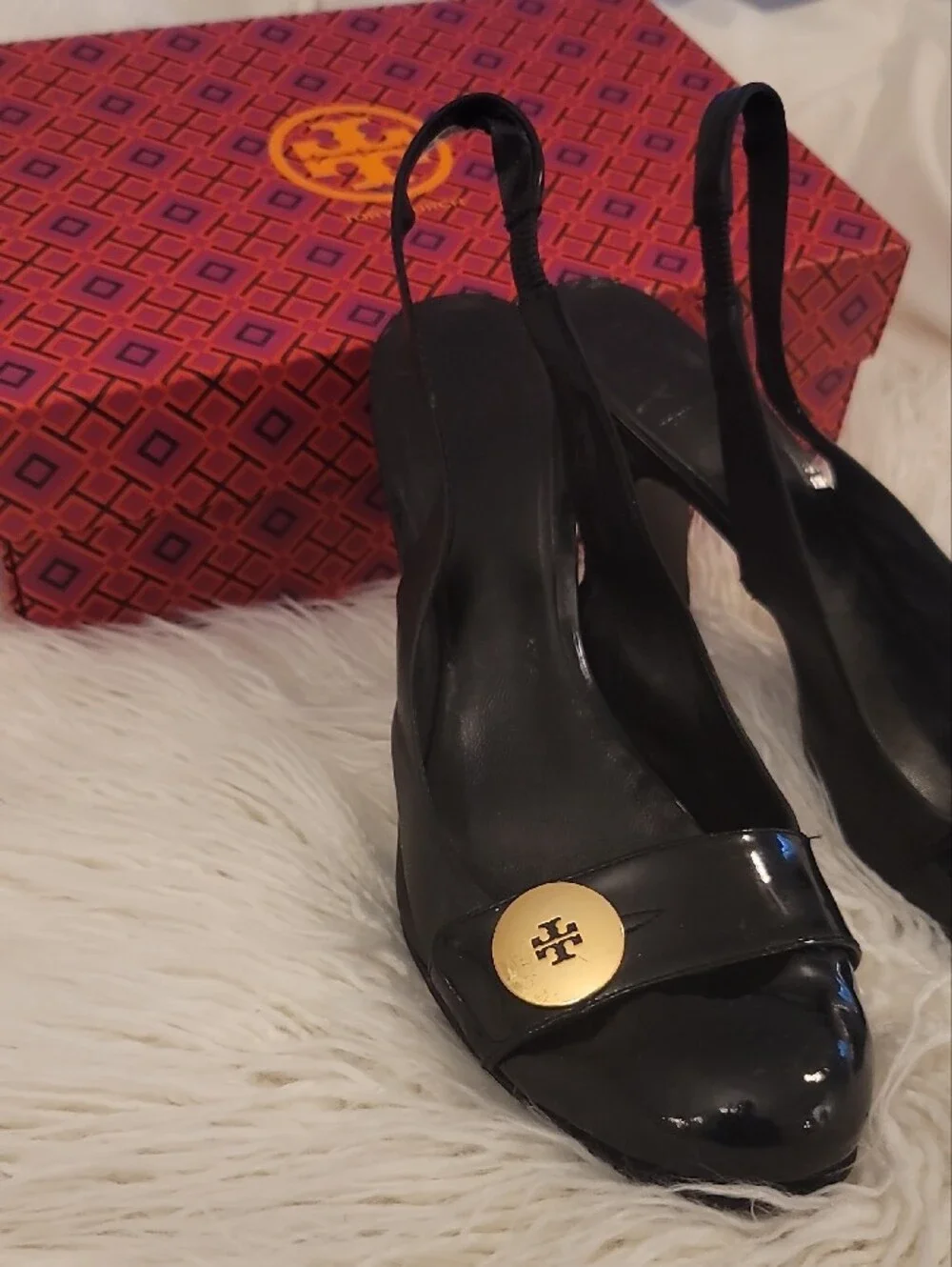 Tory Burch Black Patent Slingback Heels with Gold Logo Accents